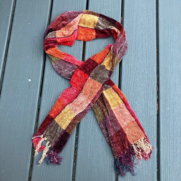 Red orange plaid patchwork scarf, cozy fall preppy light academia teacher - Picture 1 of 7
